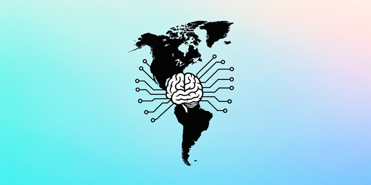 Mapa de las Américas con un cerebro y circuitos sobre un degradado turquesa, azul y rosado.