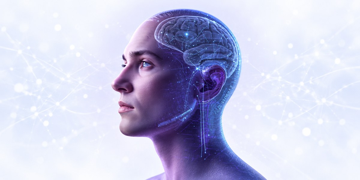 Perfil humano morado con el cerebro visible: Defensa Neuroderechos.