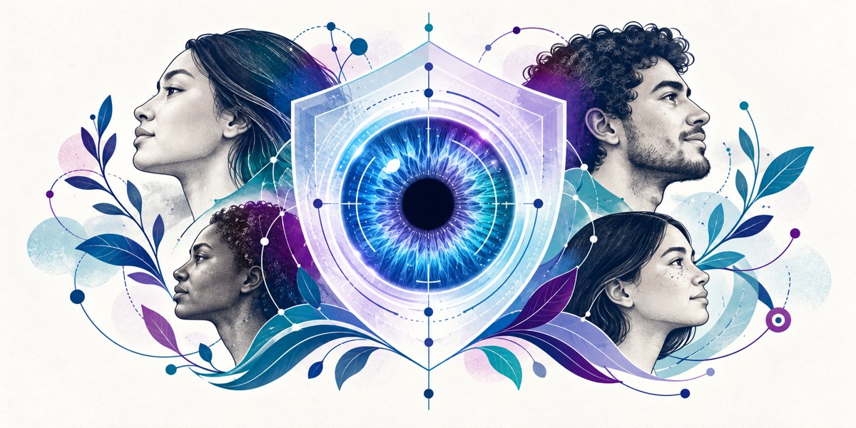 Un iris rodeado por un escudo protector y perfiles humanos: Identidad Segura.