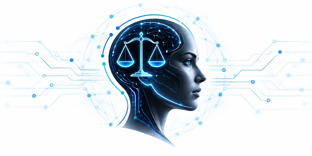 Perfil tecnológico con una balanza de justicia, inspirado en el logo de Moot Court.