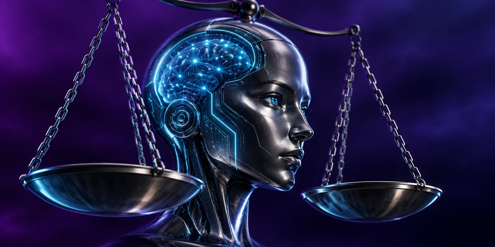 Cabeza tecnológica con un cerebro luminoso y una balanza de justicia: Moot Court 2027.