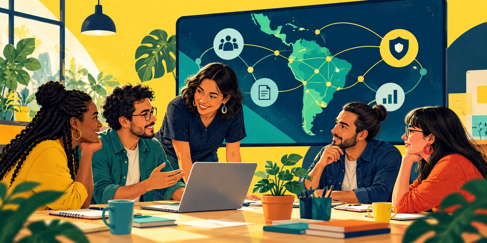 Ilustración de un equipo colaborando en tecnología y derechos humanos frente a un mapa conectado de América Latina.