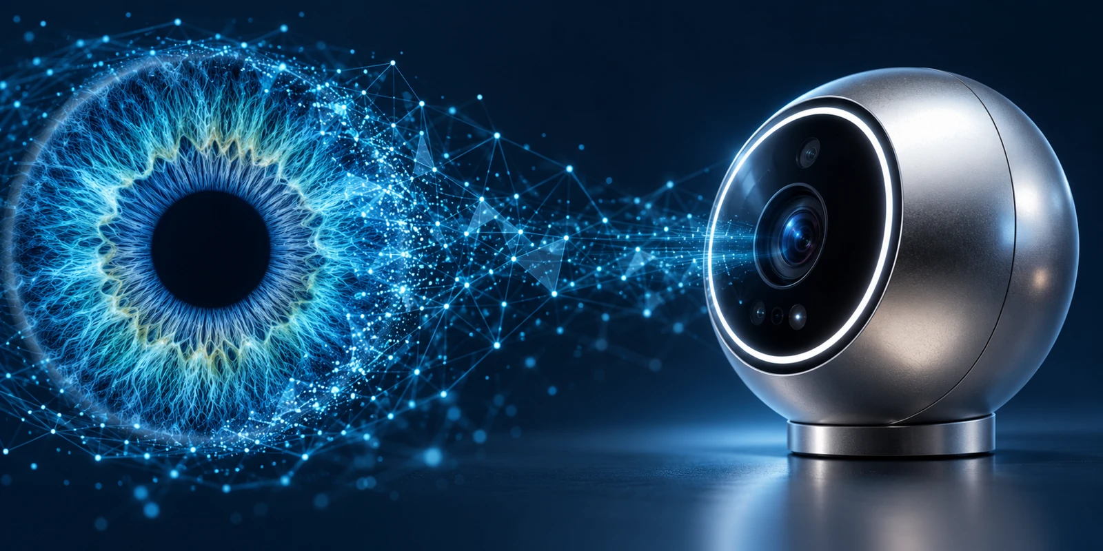 Ilustración de un iris azul conectado a una red de datos frente a un dispositivo esférico Orb de escaneo biométrico.