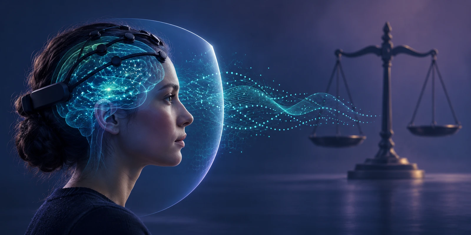 Ilustración conceptual de una persona con un dispositivo EEG externo, datos cerebrales protegidos y una balanza de la justicia